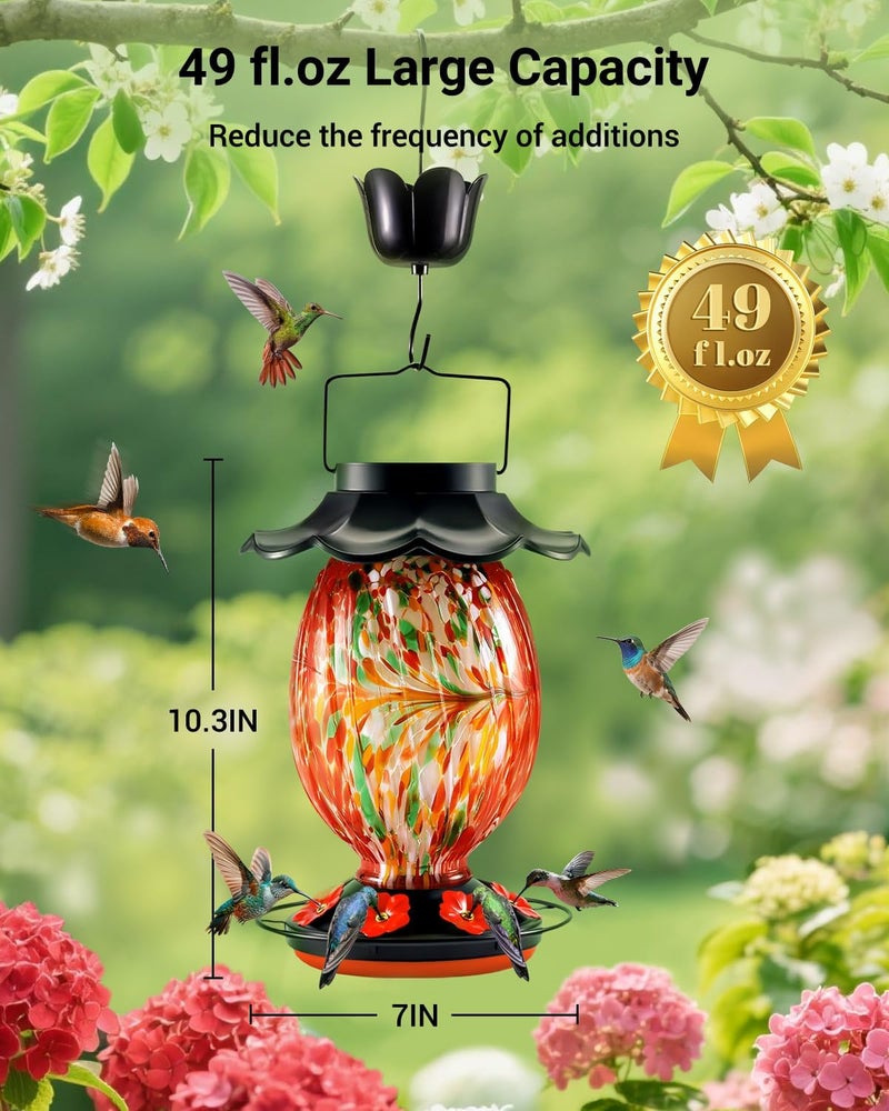 HouseSapp Solar Hummingbird Feeder - 49 fl.oz Hand Blown Glass Color Changing - 7 Feeding Ports with Perch - Never Leak - Perfect Hummingbird Feeder - Image 4
